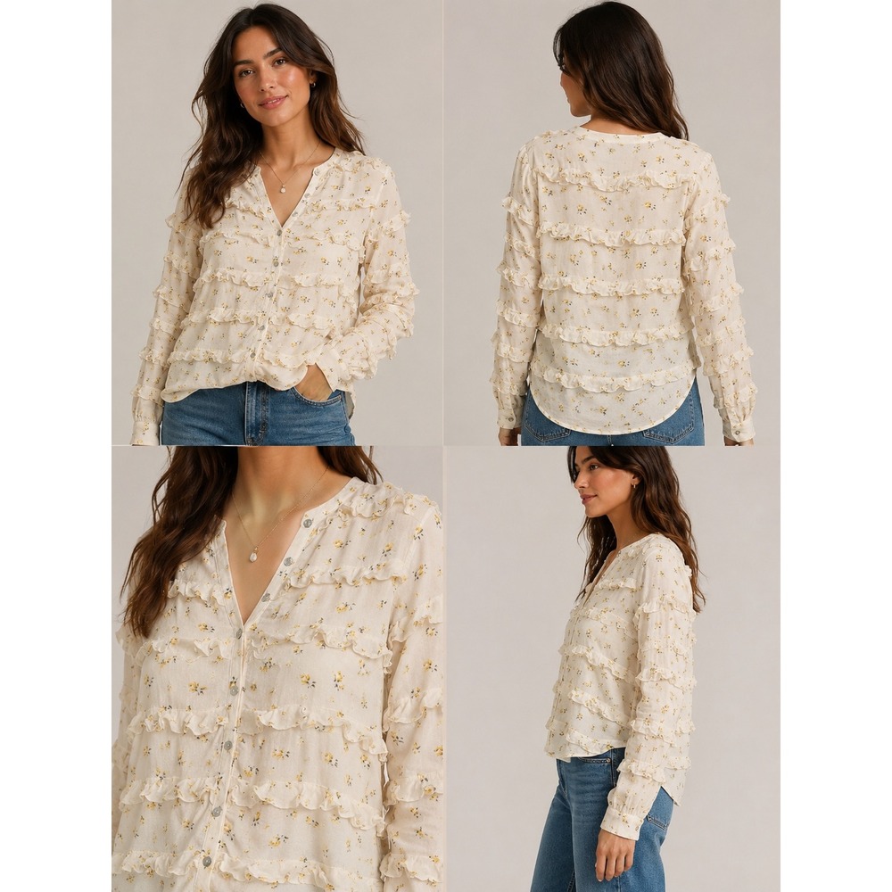 Chaser Womens Floral Tiered Ruffle Button Front Blouse Cream Yellow CW7671 SizeM
